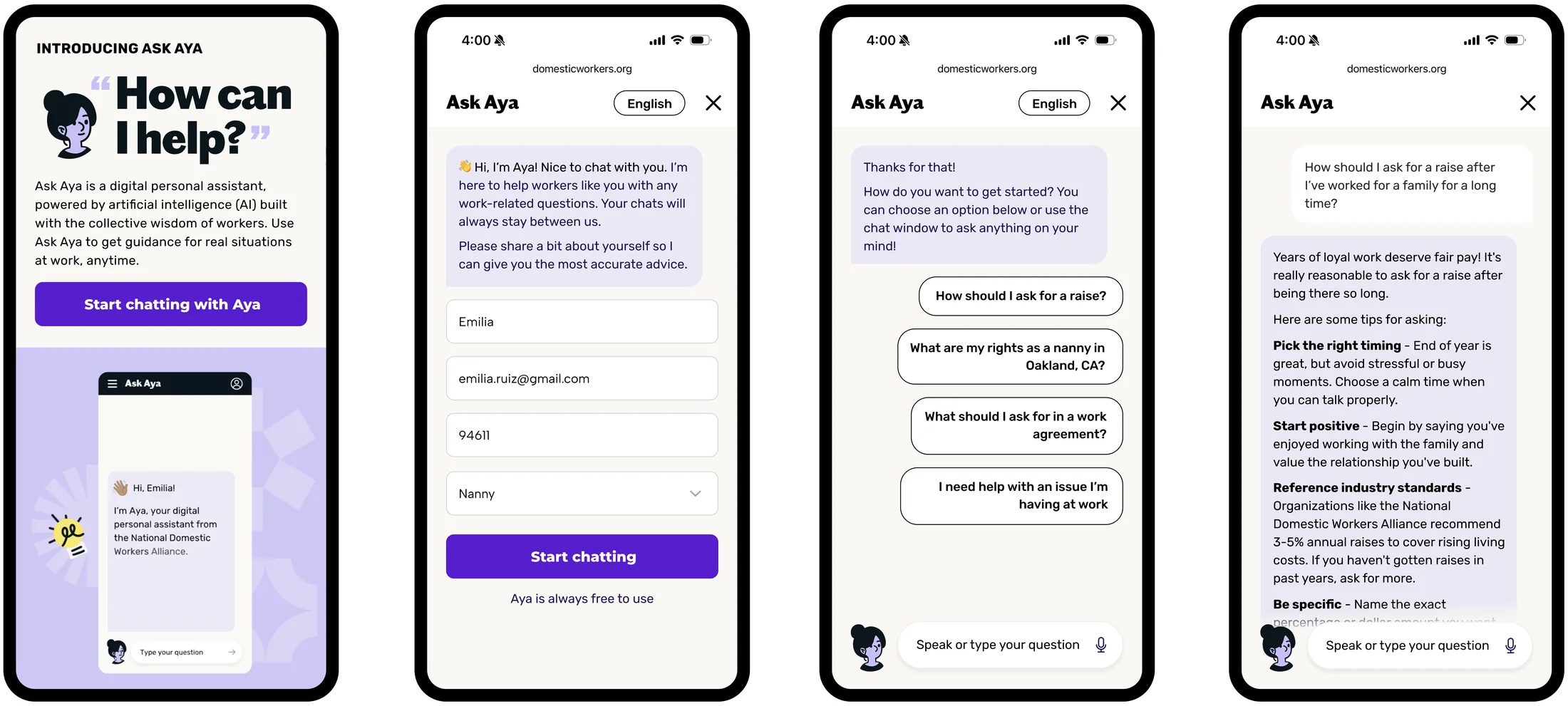 Four Ask Aya screens: the introduction, sign-up, suggested questions, and a tailored answer about asking for a raise