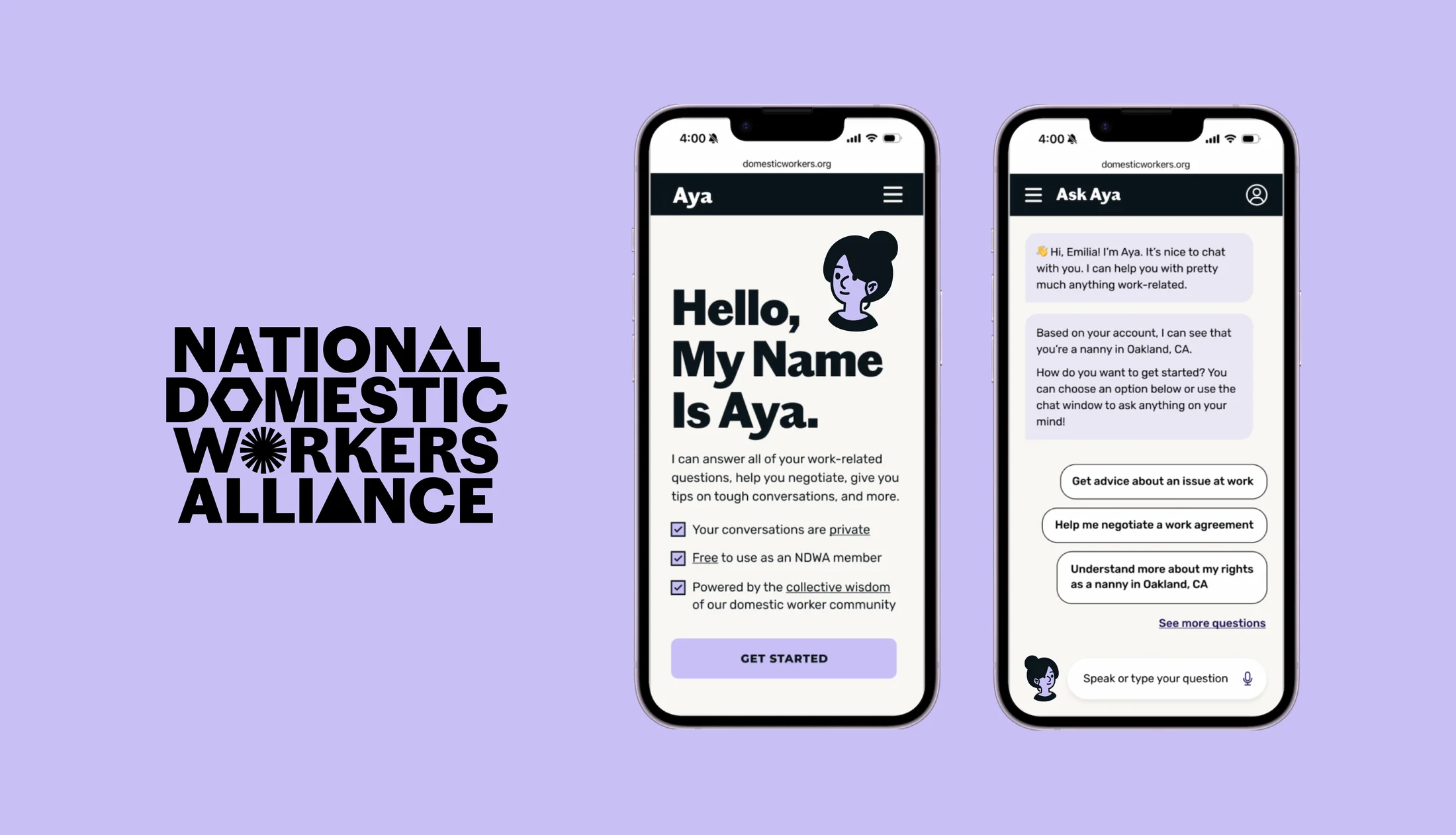 Ask Aya by NDWA — AI chat tool shown on two mobile screens