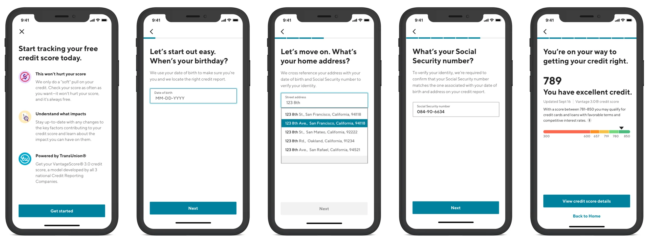 Screens from the credit score sign-up flow