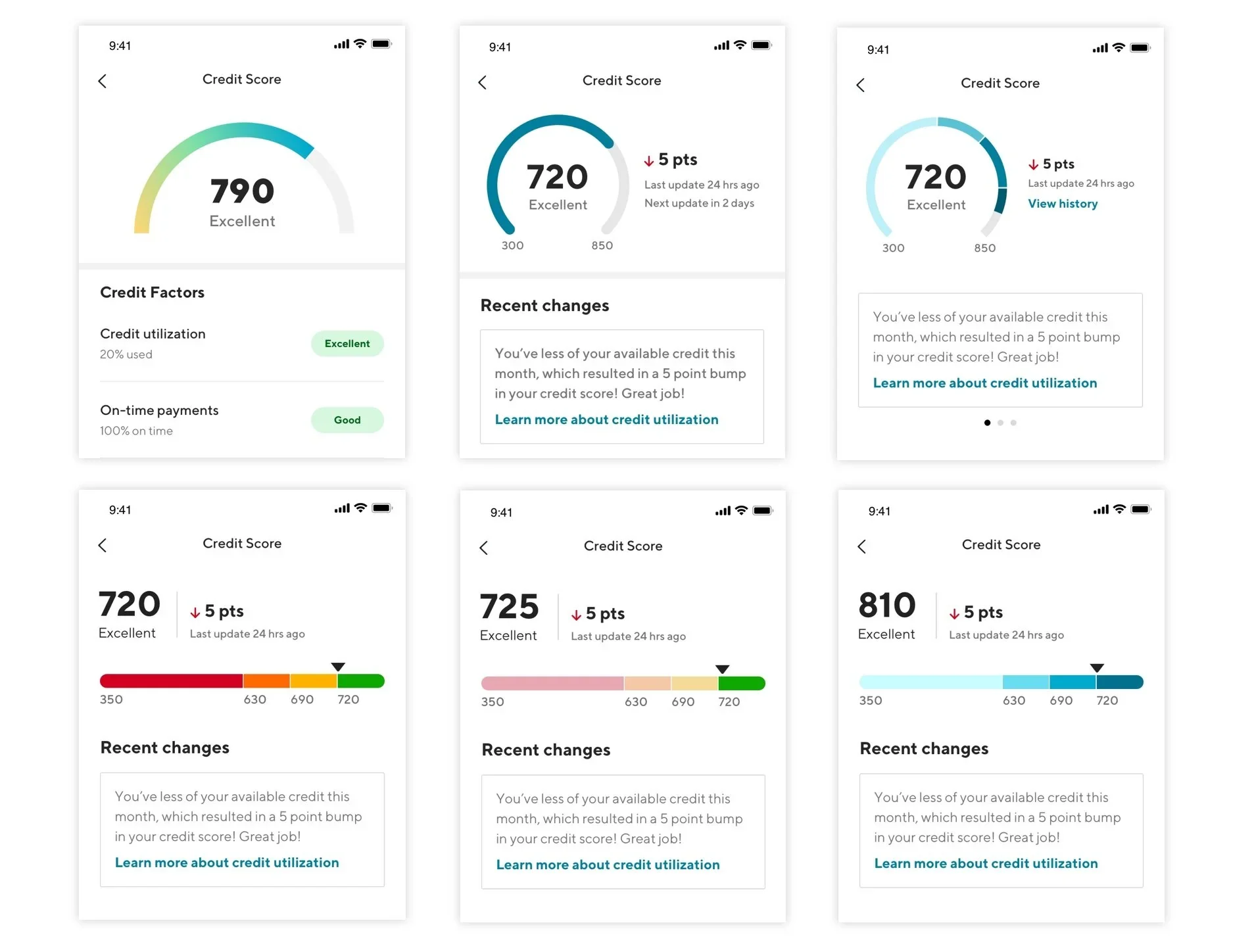 Explorations of crescent and bar meter shapes for the credit score dashboard