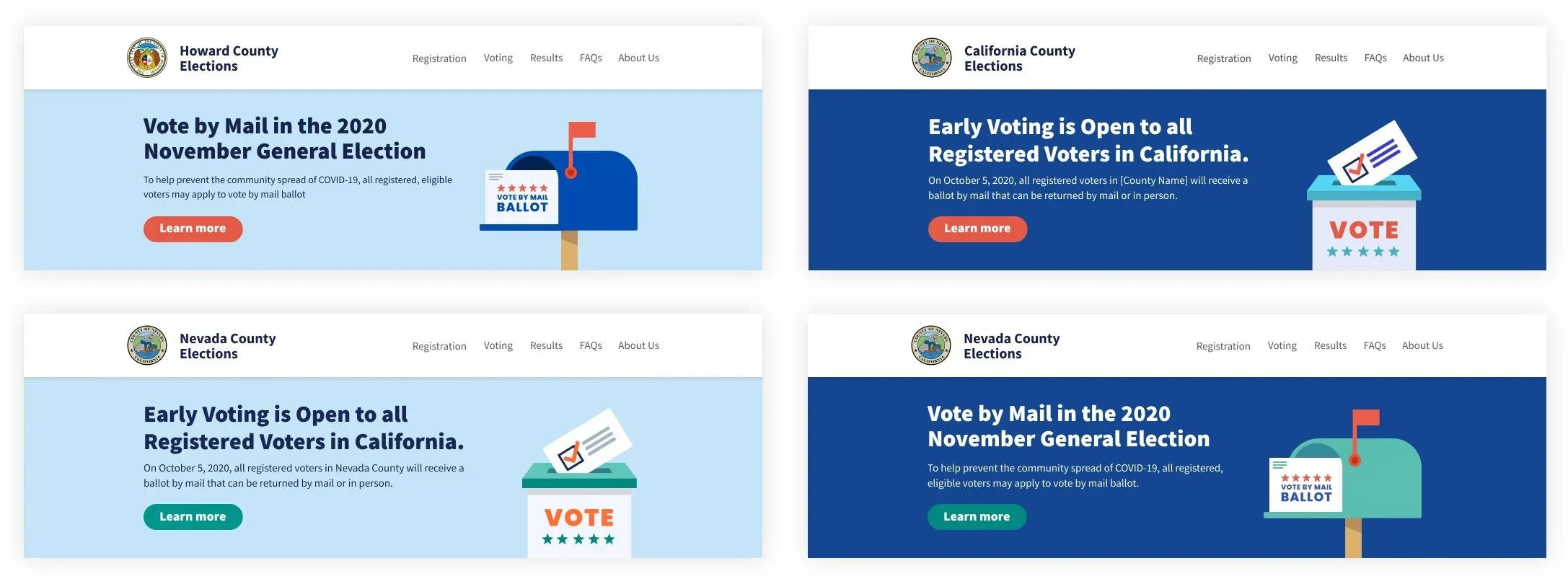 Homepage banner variations across color themes and illustrations