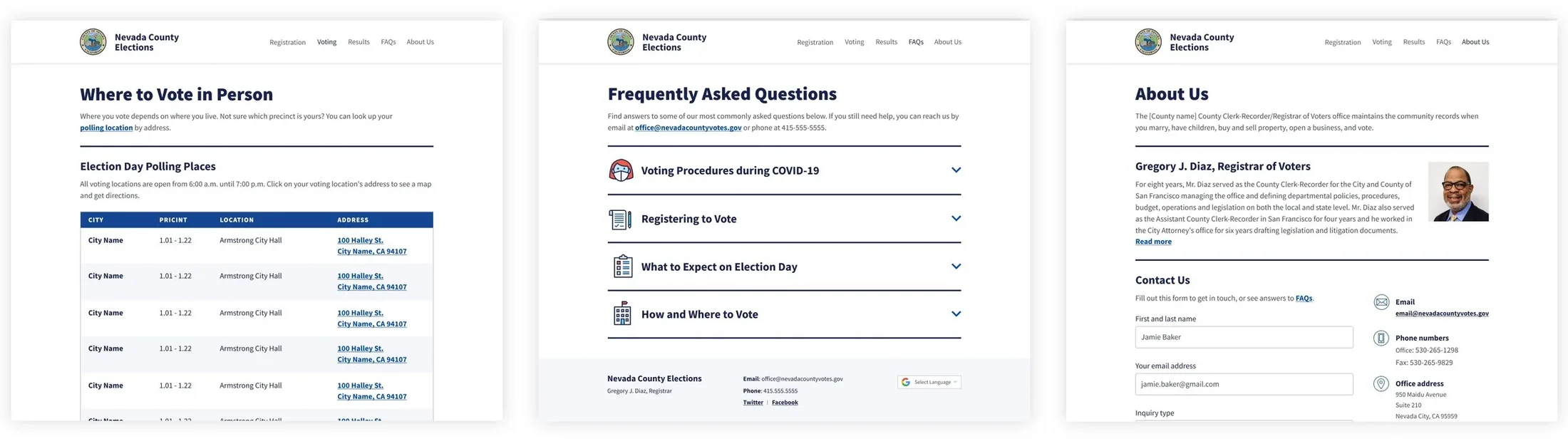 Additional template pages including tables, FAQs, and a contact form