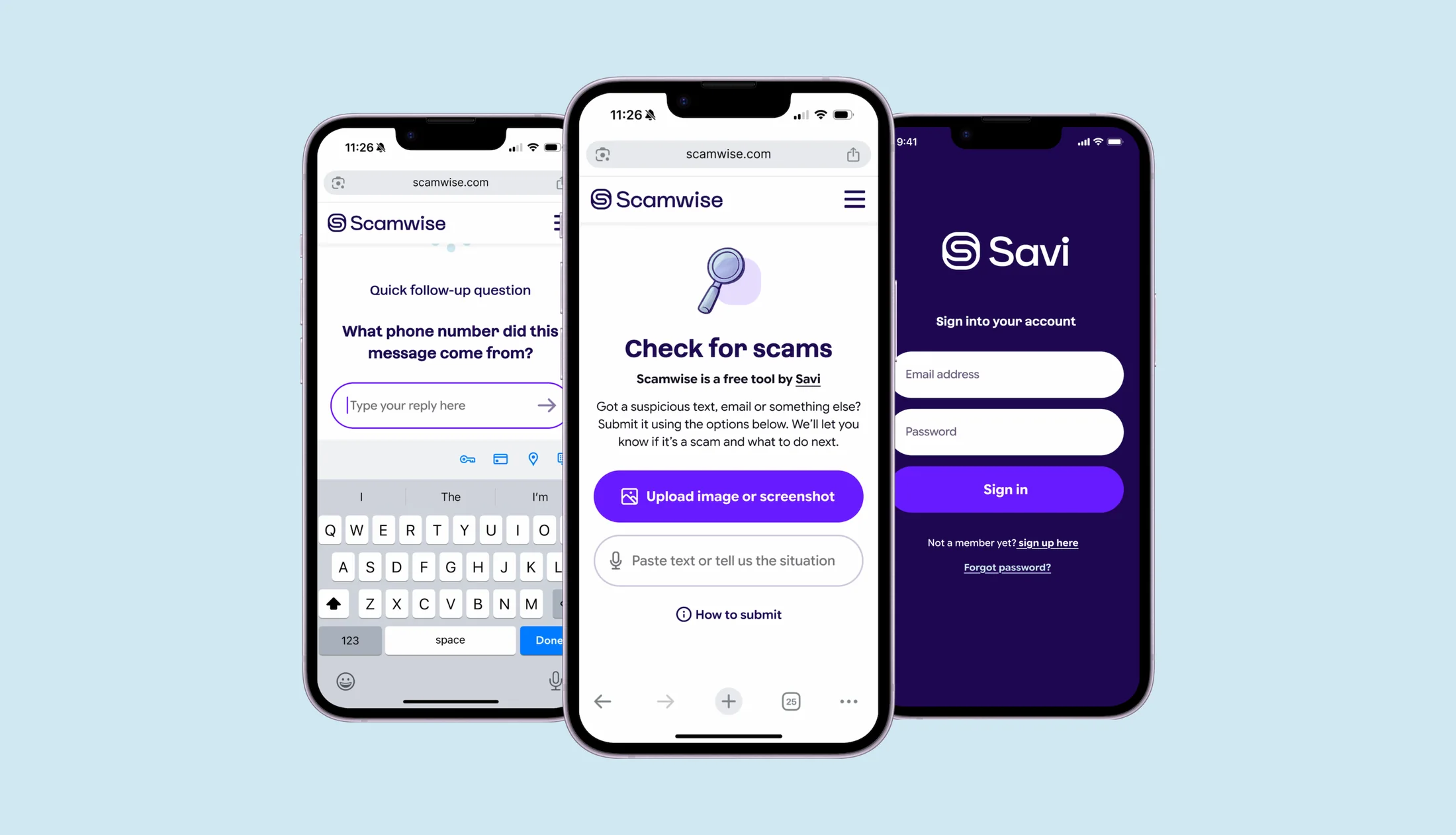 Scamwise scam detection tool shown on three mobile screens
