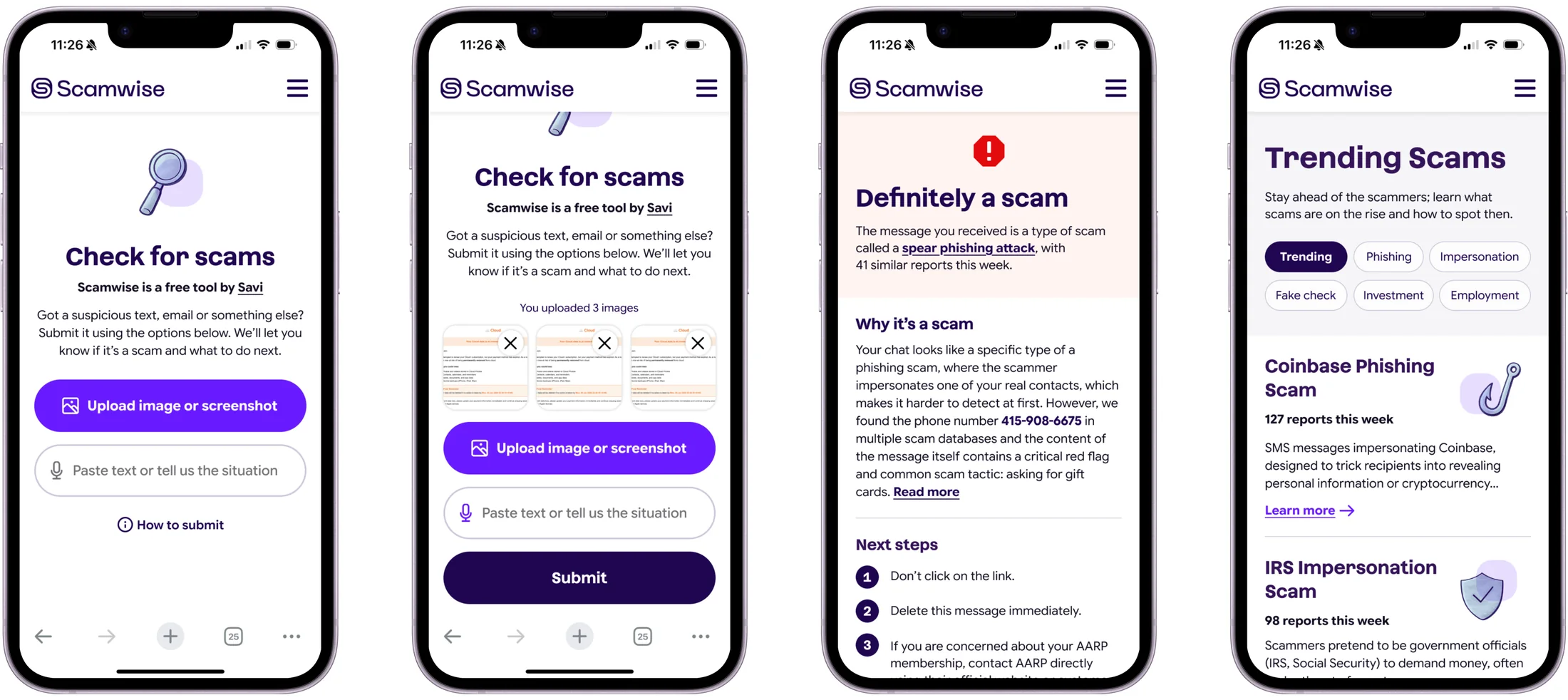 Four Scamwise screens: check for scams, uploading a screenshot, a scam verdict with next steps, and trending scams