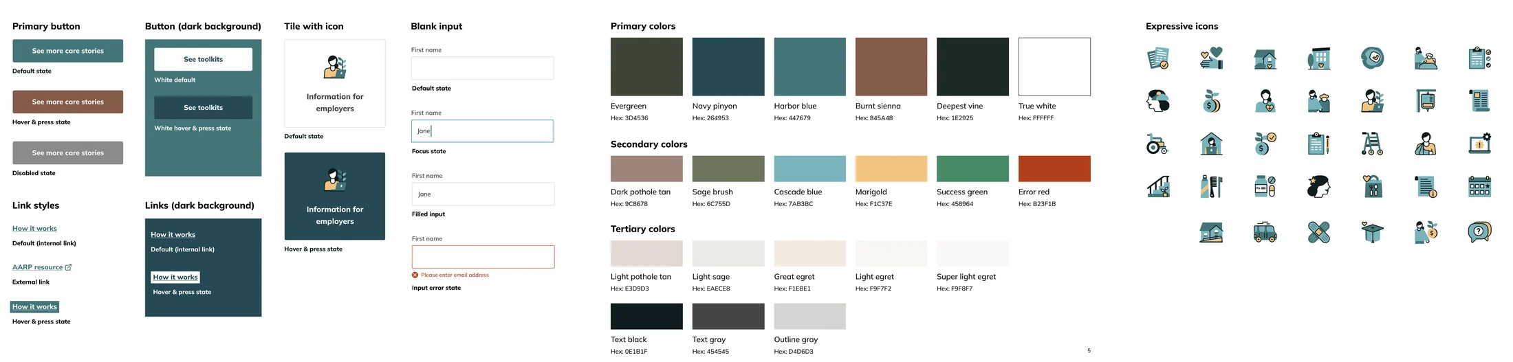 Design system artifacts: component and link styles, the accessible color palette, and the custom expressive icon library