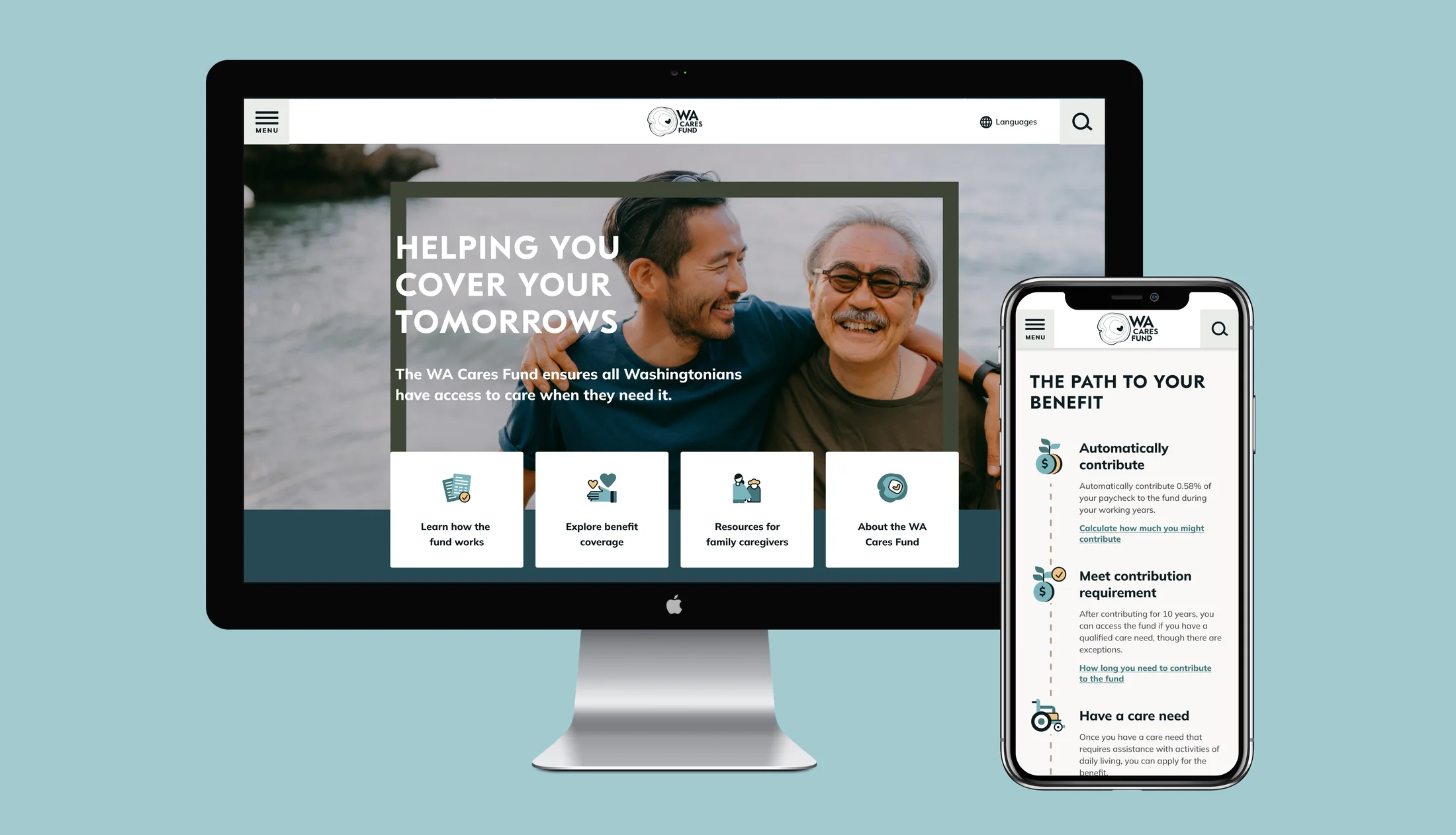 WA Cares Fund public website shown on desktop and mobile