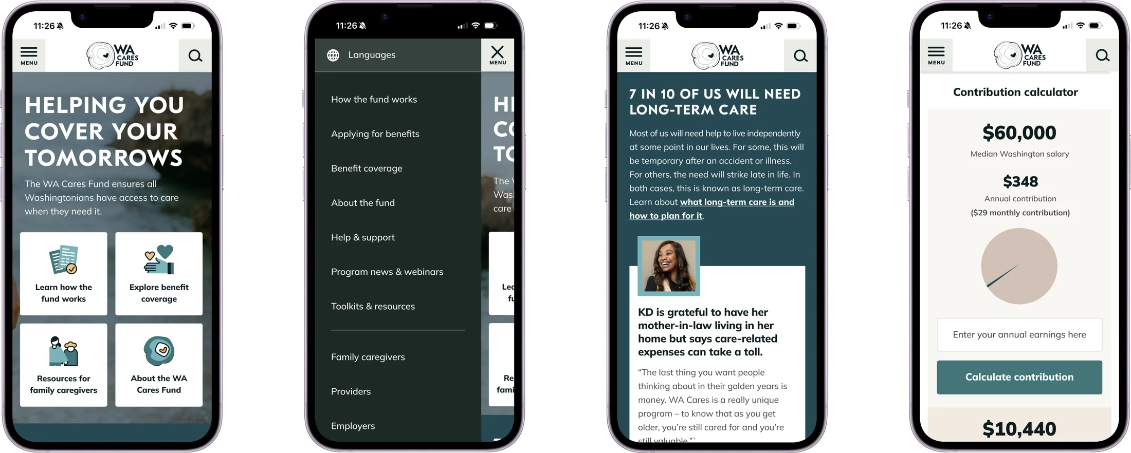 Four WA Cares Fund mobile screens: homepage, languages menu, long-term care statistics with a member story, and the contribution calculator