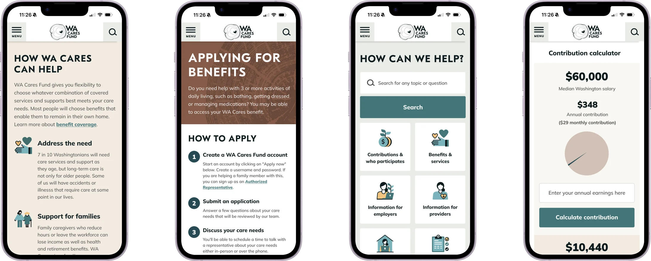 Four more WA Cares Fund mobile screens: how WA Cares can help, applying for benefits, the help centre search, and the contribution calculator